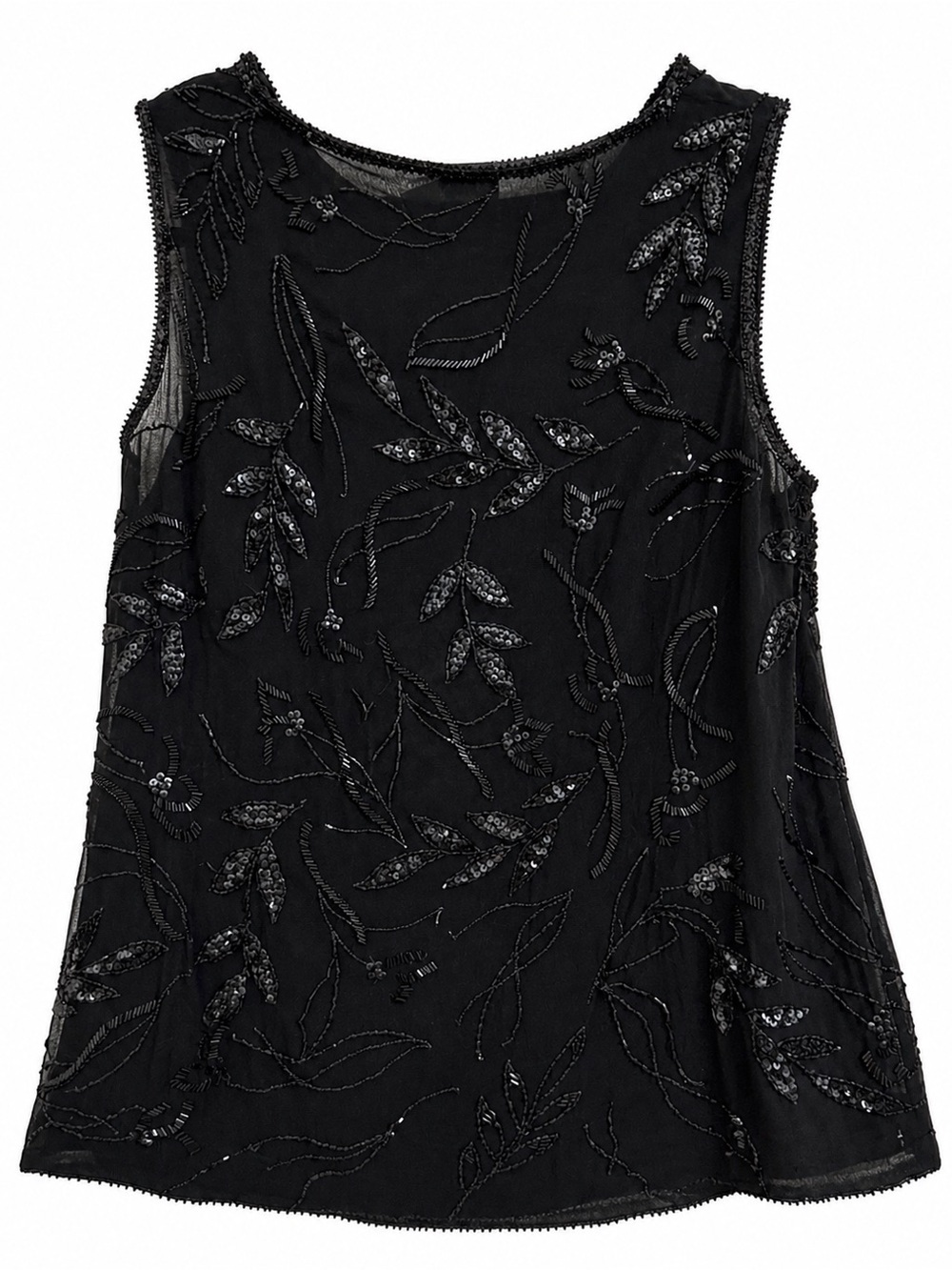 Louis Feraud Black Beaded Blouse Sleeveless Sheer Top Size 14 Vintage 1990’s